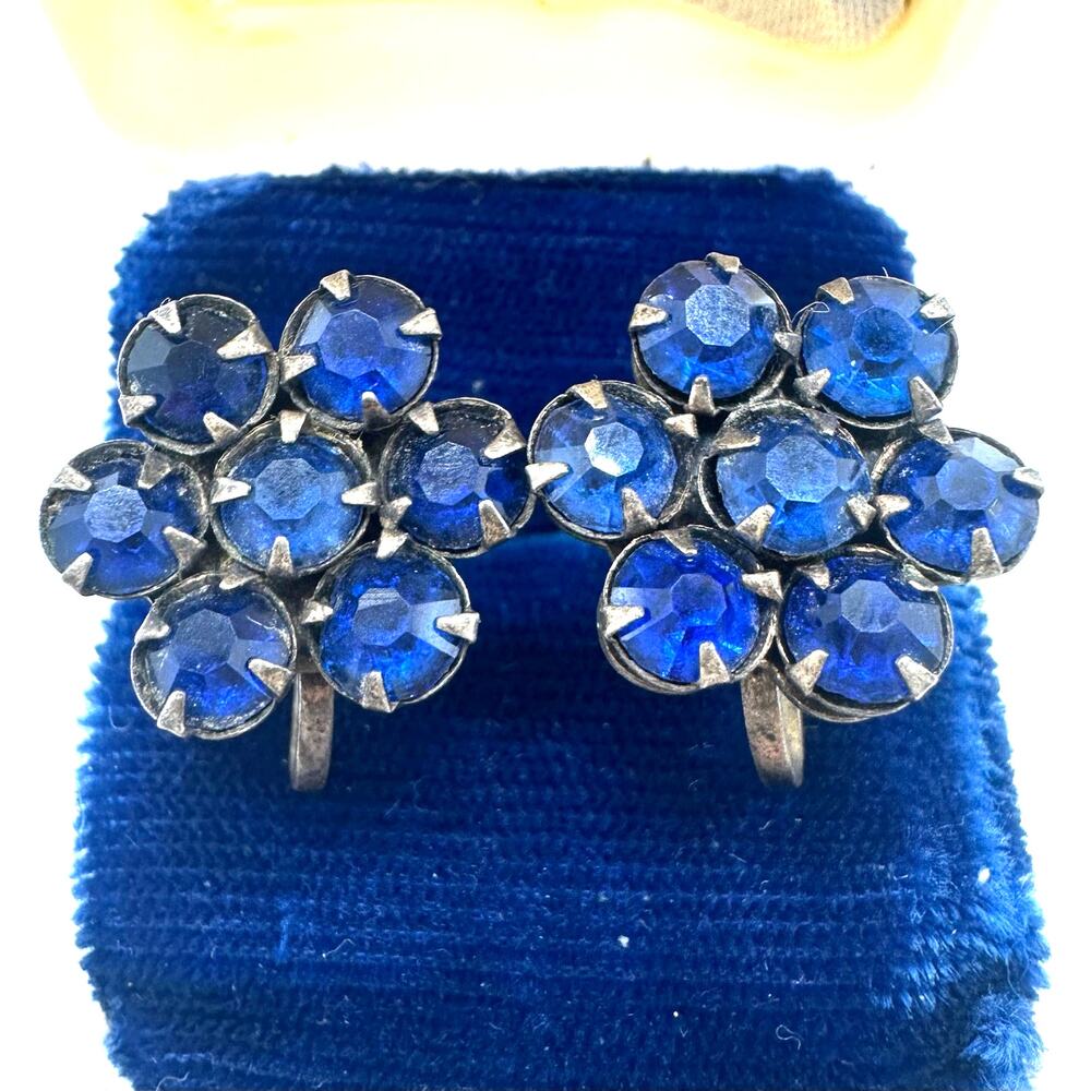 Antique vintage sterling silver blue glass rhinestones screw back earrings